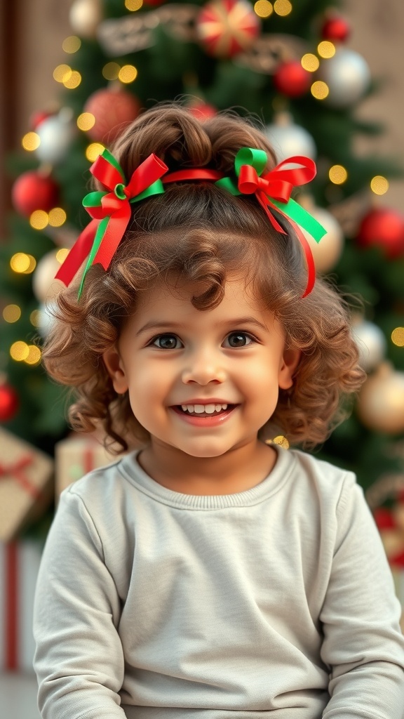 Festive Curly Hairstyles for Kids This Christmas A child with curly hair in a half-up bun with festive ribbons, in front of a Christmas tree.